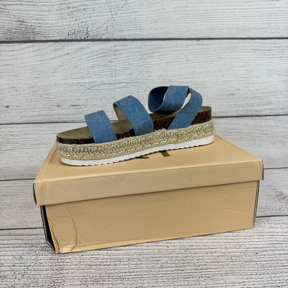 Yoki Women's Chiara Blue Chambray Jute Platform Ankle Strap Sandals Size 7.5 - Picture 1 of 9